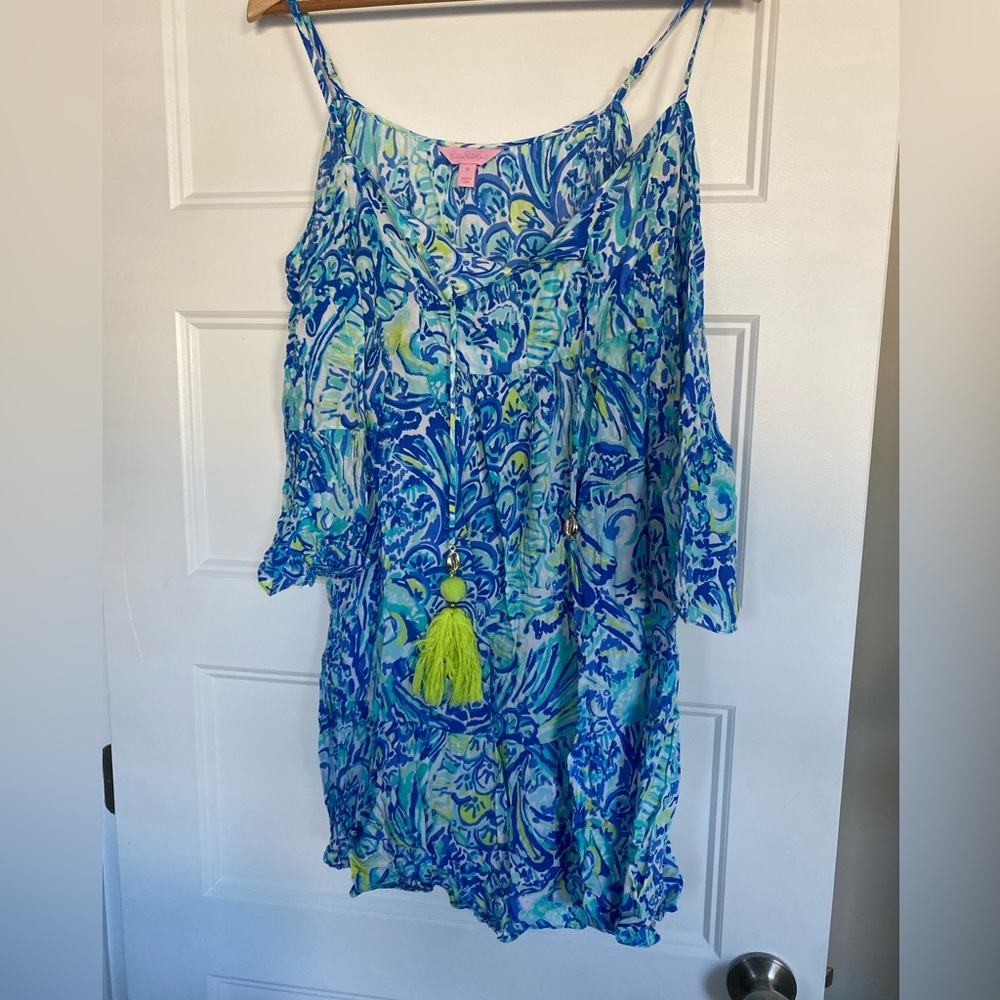 Blue Tropical Print Cold-Shoulder Mini Dress Or Cover Up with Tassel